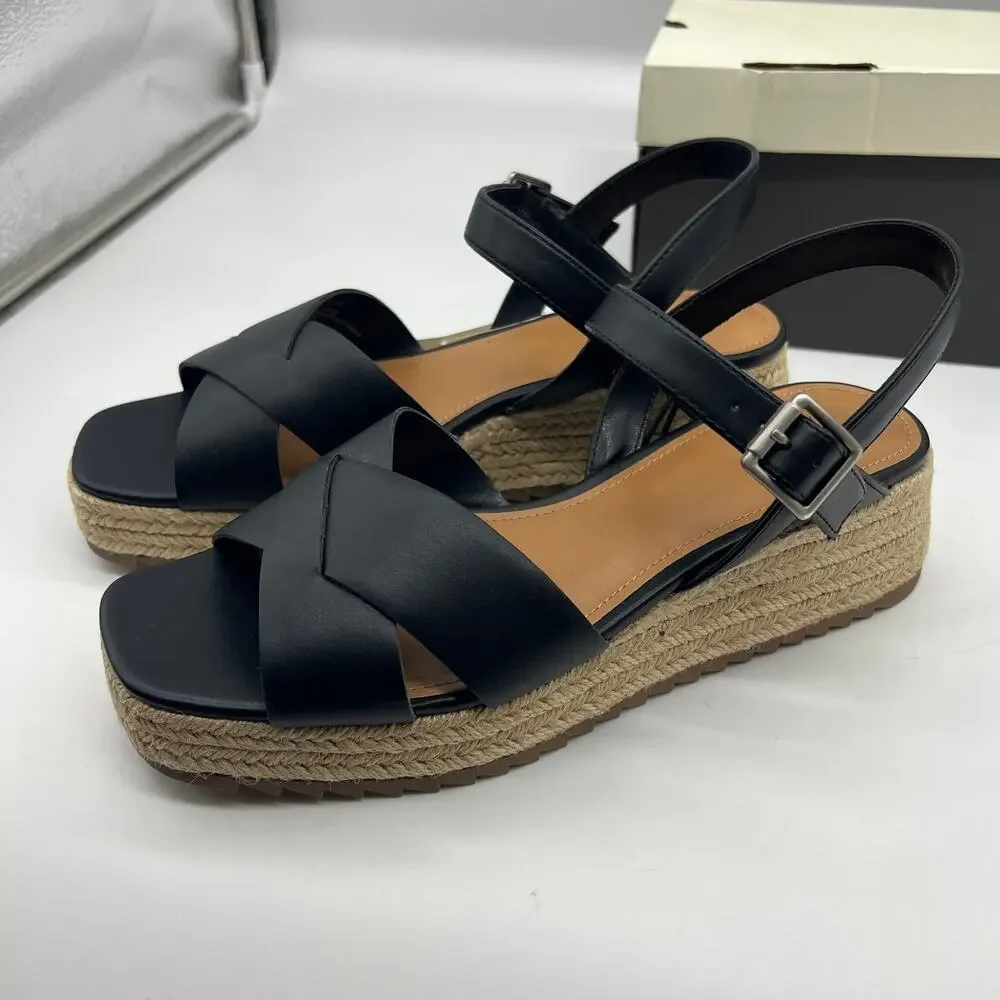 a.n.a Womens Eloise Wedge Sandals Black Casual Shoes Size 8.5M